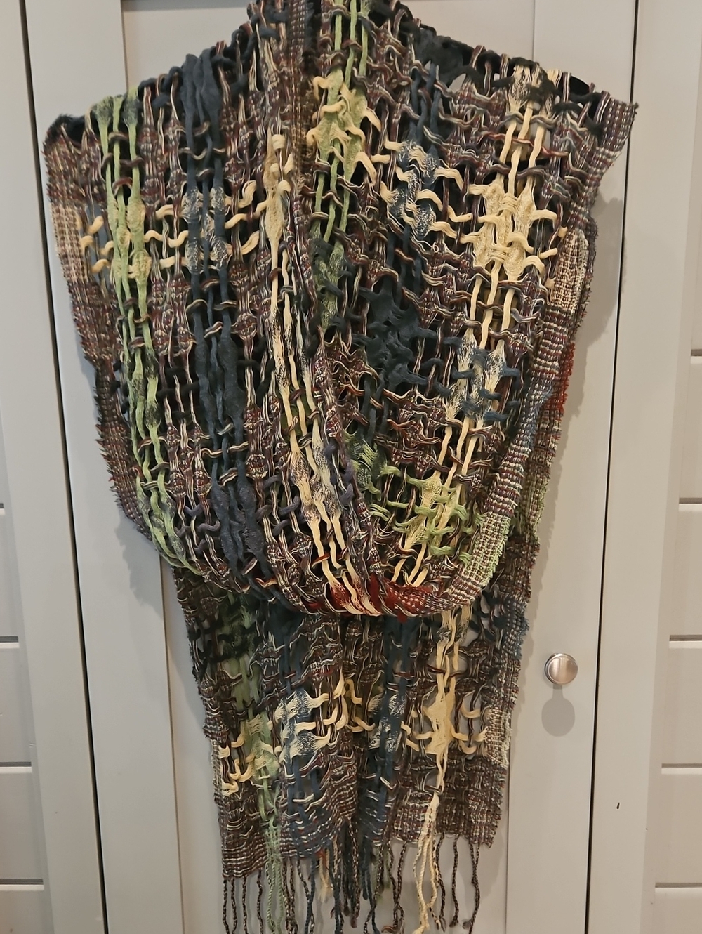 Bohemian Earthtone Open Knit Scarf in Blue, Cream & Green 100% Wool